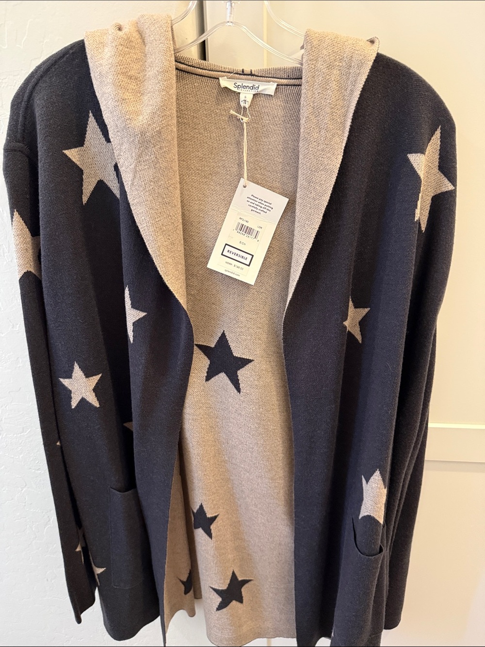 Splendid Reversible Star Hooded Cardigan - Black & Tan Size Small